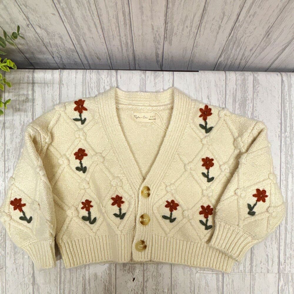 Rylee + Cru Girls Ivory Knit Cardigan Embroidered Floral Button V-Neck 2-3Y